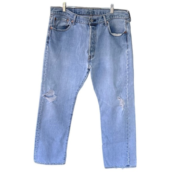Levi’s 501 Distressed Denim Button Fly Jeans Medium Wash 36 x 29 Vintage Look - Picture 1 of 15